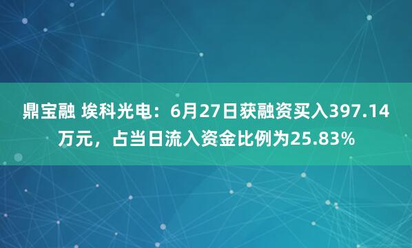 鼎宝融 埃科光电：6月27日获融资买入397.14万元，占当日流入资金比例为25.83%